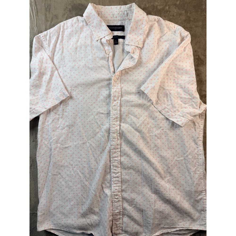 Banana Republic Mens Slim Fit Short Sleeve Button Down Block Print L Coastal